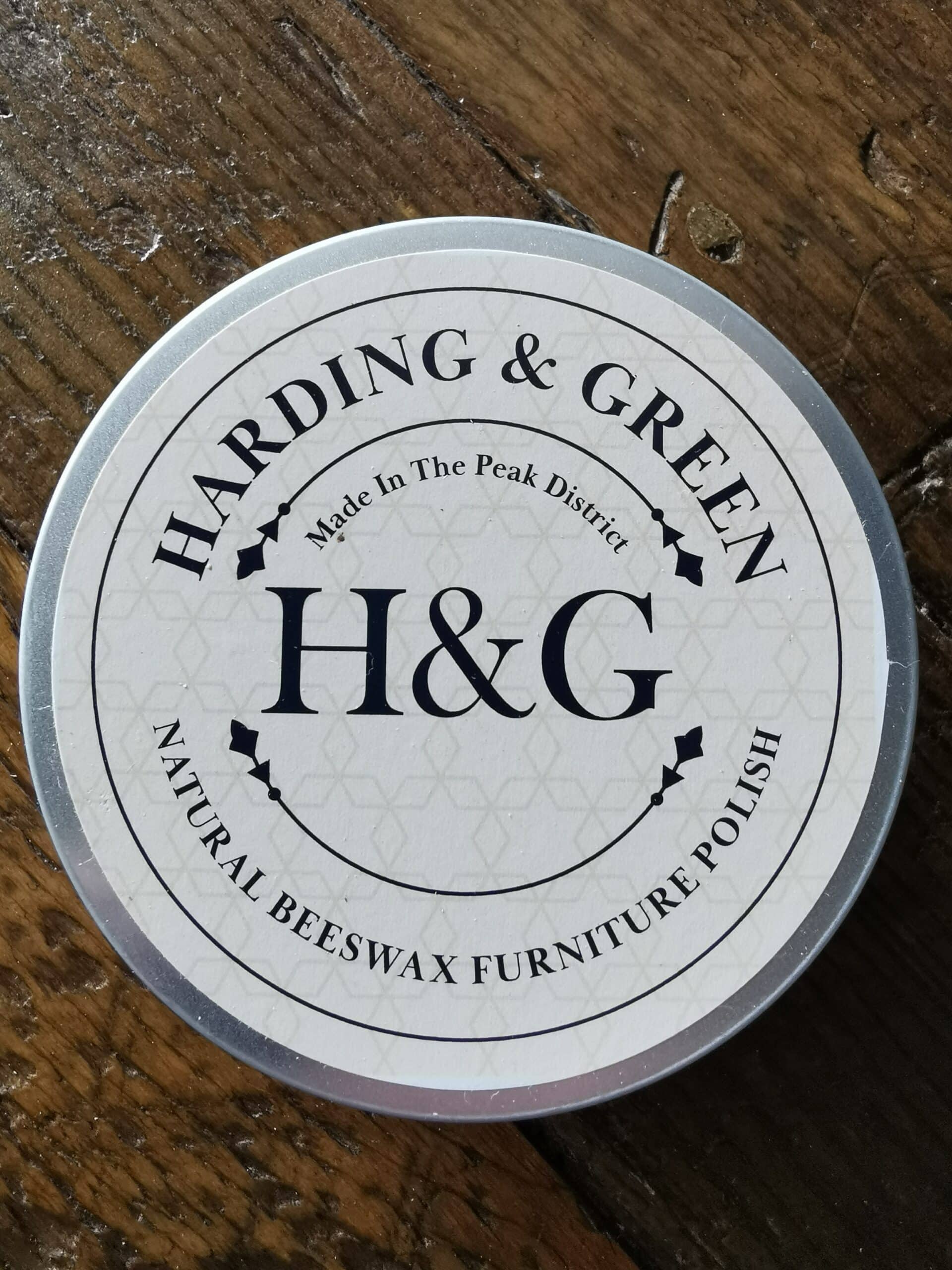 Beeswax polish, Harding and Green on a wooden table